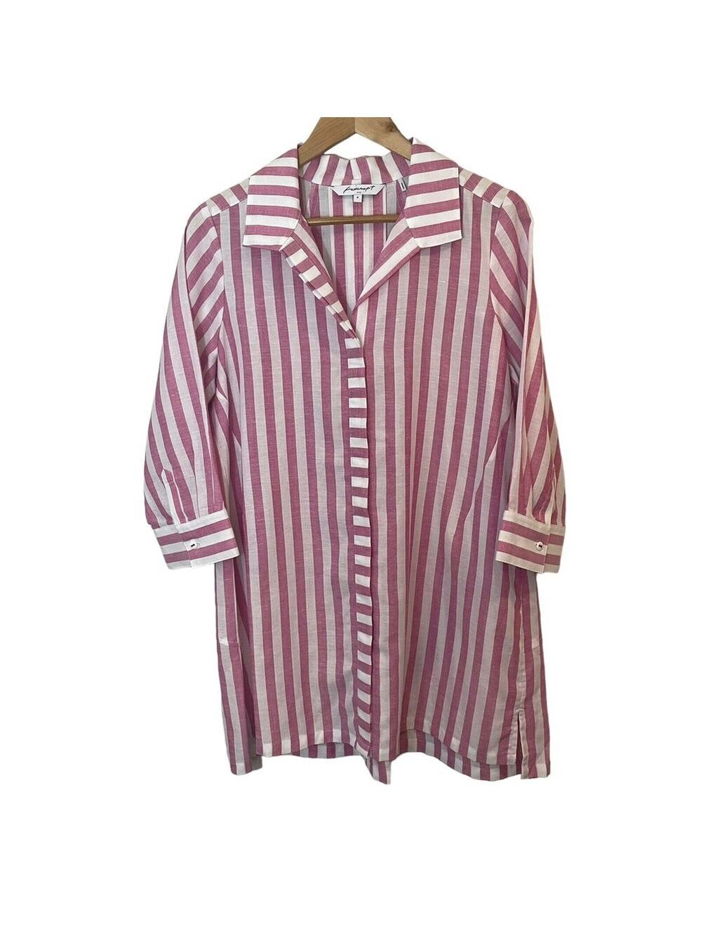 Foxcroft Button Down Tunic Shirt Sz 8 Pink White Stripe Coastal Tencel Linen EUC